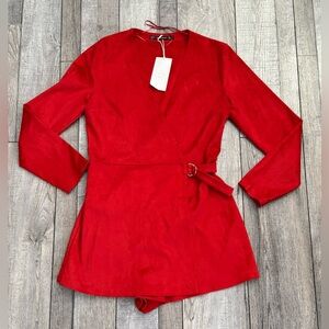NEW - Zara Red Faux Suede Deep V Neck Long Sleeve Wrap Style Womens Romper